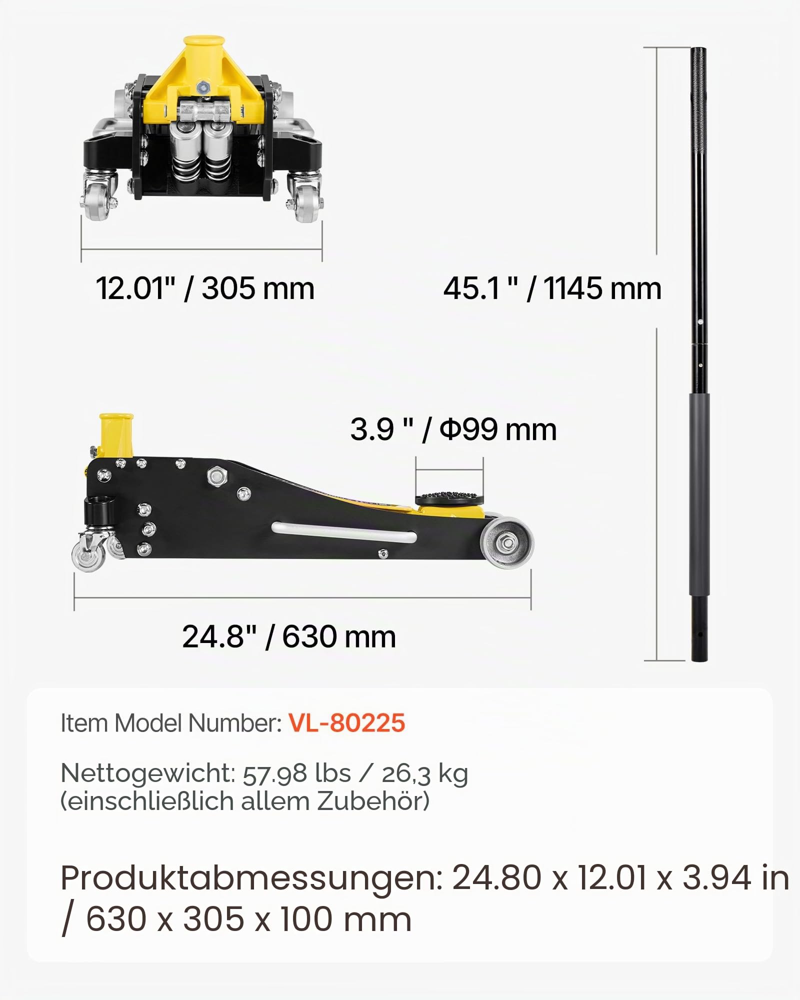 VEVOR Rangierwagenheber Wagenheber mit niedrigem Profil & 360° Rollen 2,5 t, Doppelkolben-Schnellhubpumpe, 95–475 mm Hubhöhe, hydraulische Wagenheber für kompakte SUVs Gelb + Schwarz