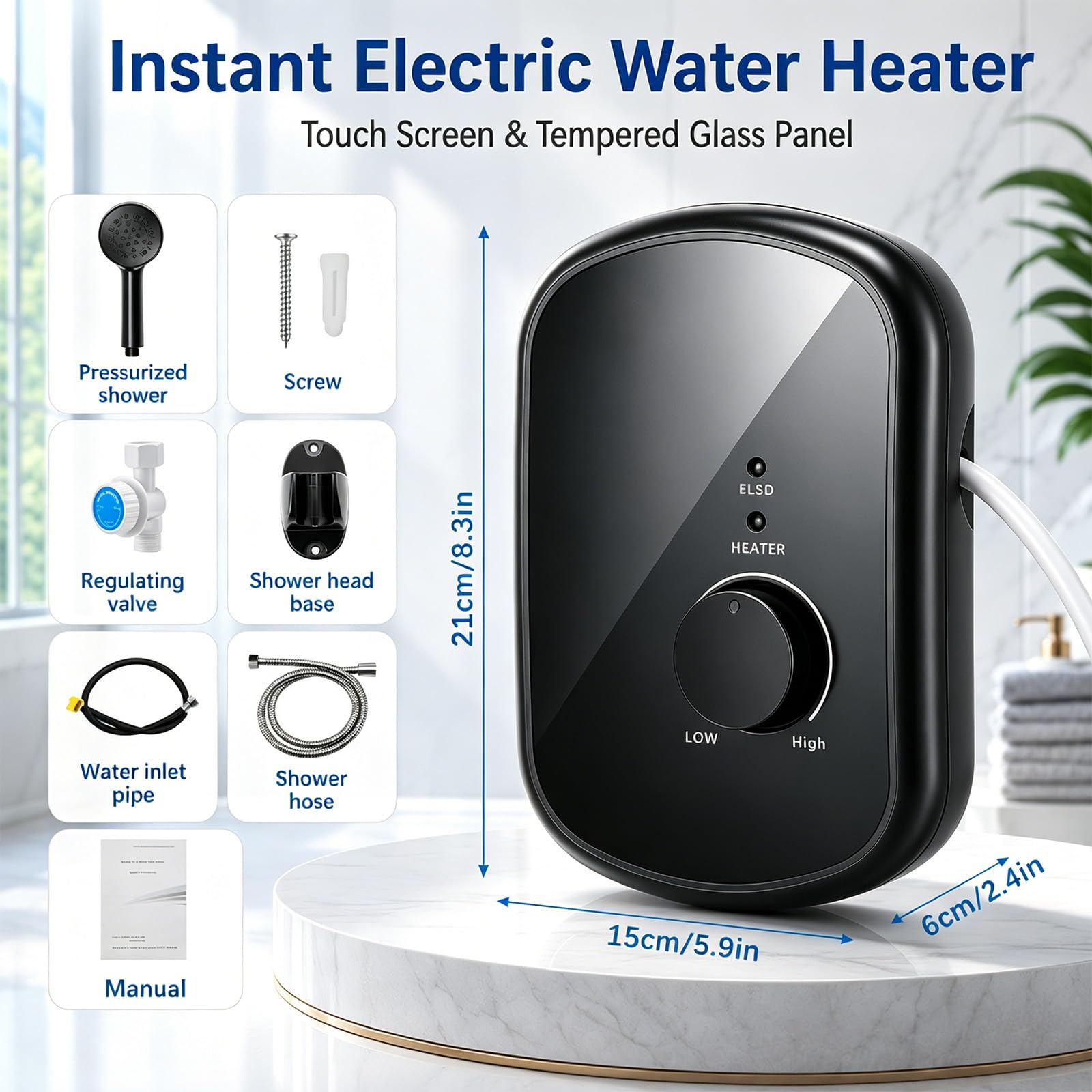 Durchlauferhitzer 5500W 230V, Mini Instant Warmwasserbereiter für Dusche, IPX4 wasserdicht, Elektrischer Untertisch-Wassererhitzer mit LED-Temperaturanzeige 30-52°C für Bad & Küche (Schwarz)