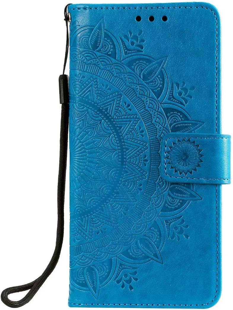 Reevermap Samsung Galaxy A51 Case, Flip Shockproof Premium PU Leather Wallet Card Slots Embossed Mandala Magnetic Buckle Stand Bumper Phone Cover for Samsung Galaxy A51, Blue