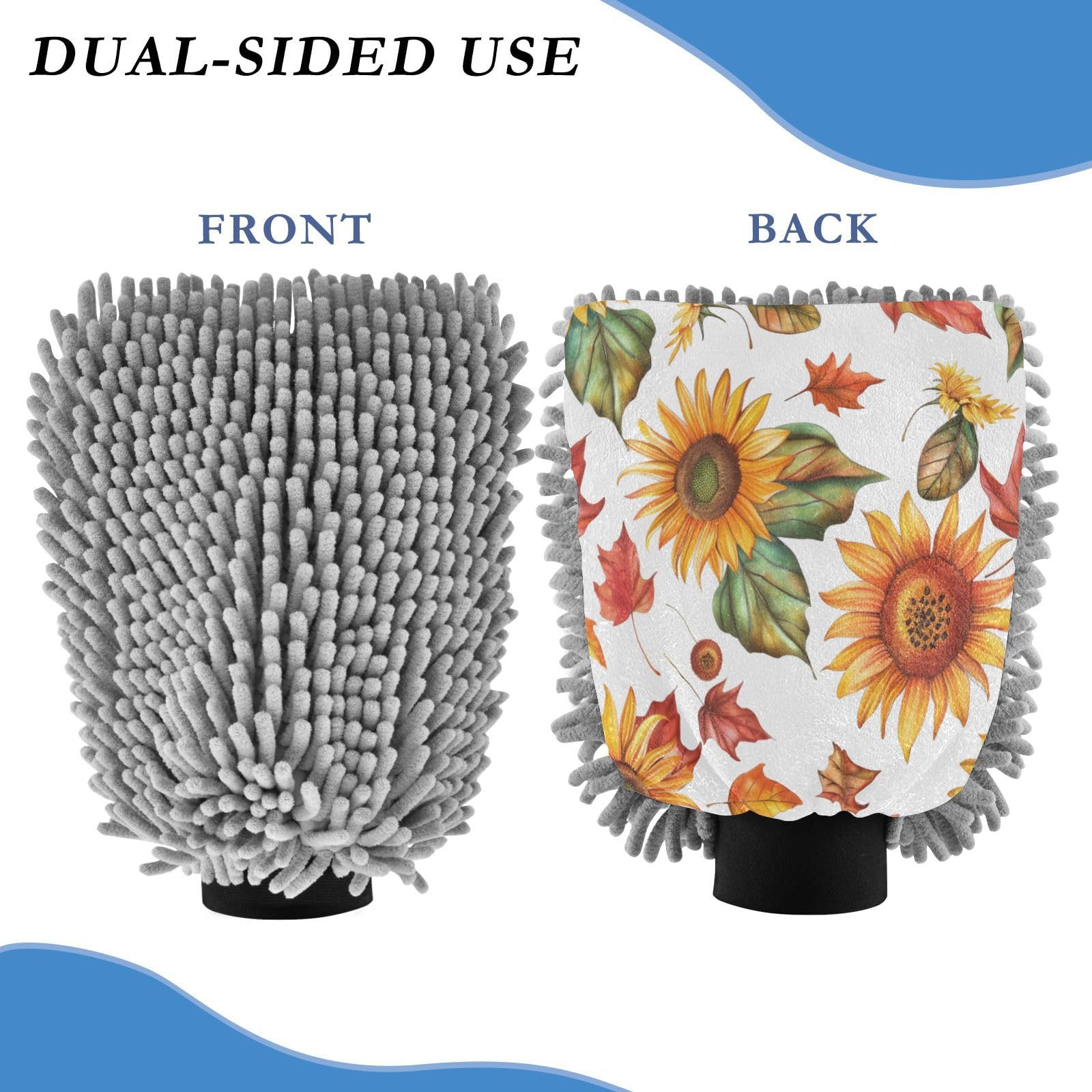 ALAZA Sunflower Maple Leaf Car Wash Mitt Scratch Free, 2 Pack Absorbent Microfiber/Chenille Washing & Drying Mitts, M