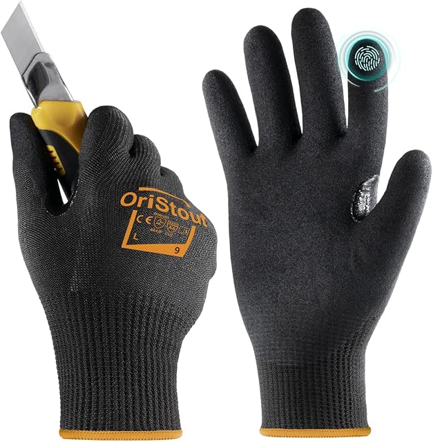 Cut Resistant Work Gloves, EN388 4X43F Level 6, Touchscreen, Sandy Nitrile Coated Firm Grip, Cut Proof Safety Gloves for Builders, Woodwork, Warehouse, Site, Construction(1 Pair, Large/Size 9)