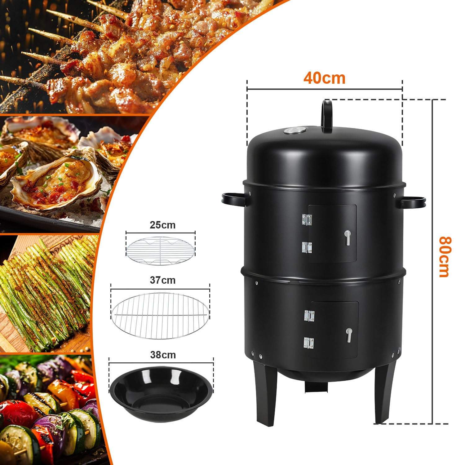3 in 1 Räucherofen Smoker Grill mit Thermometer, Holzkohle Räuchertonne mit 2 Türen, 2 Ebenen & regulierbarer Lüftungsklappe, kompakter BBQ Holzkohlegrill für Garten, Balkon & Camping