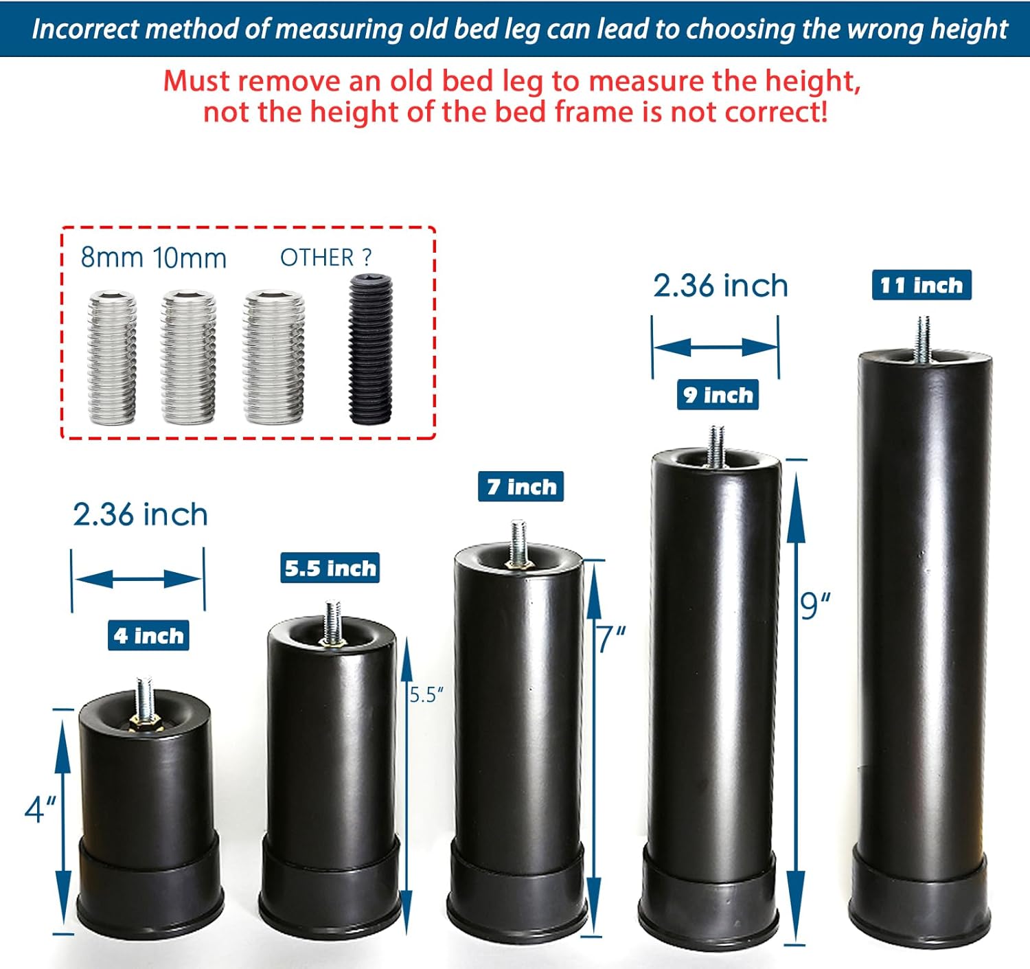 Bed Frame Legs Replacement for Adjustable Base Platform Screw in Support Parts Replaceable Bolts M8 M10 and More Thread Heavy Duty Metal Furniture 13 Inch（4 pcs）