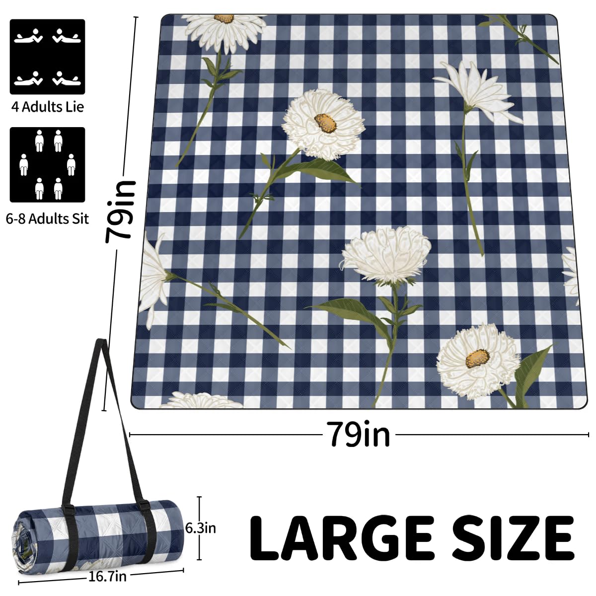 Daisy Koc piknikowy w kratę, wodoodporny, odporny na piasek, składany koc plażowy, 200 x 200 cm, bardzo duża, przenośna, nadająca się do prania, mata na zewnątrz, na kemping, do parku, na