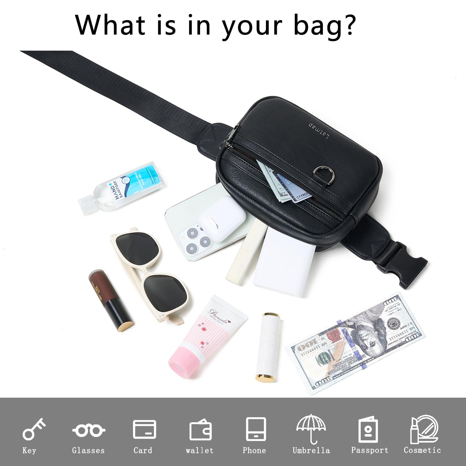 LATMAP 3L Marsupio Donna Tracolla Sportivo Grande Impermeabile in Pelle PU Elegante con Borsa Zip e Cintura Regolabile per Viaggio, Outdoor, Trekking