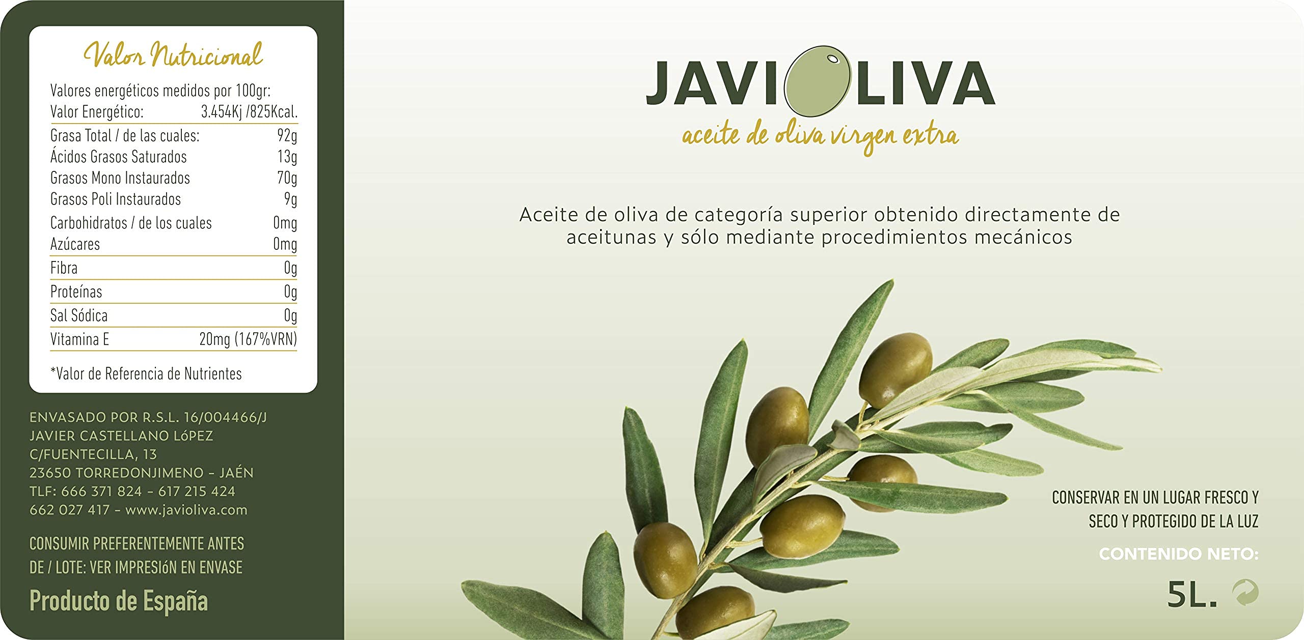 JAVIOLIVA – Aceite de Oliva Virgen Extra Natural – AOVE Picual 100% Español – Prensado en Frío, Sabor Intenso y Afrutado – Ideal para Cocinar, Freír y Uso Diario – Pack 3x5L (15L)