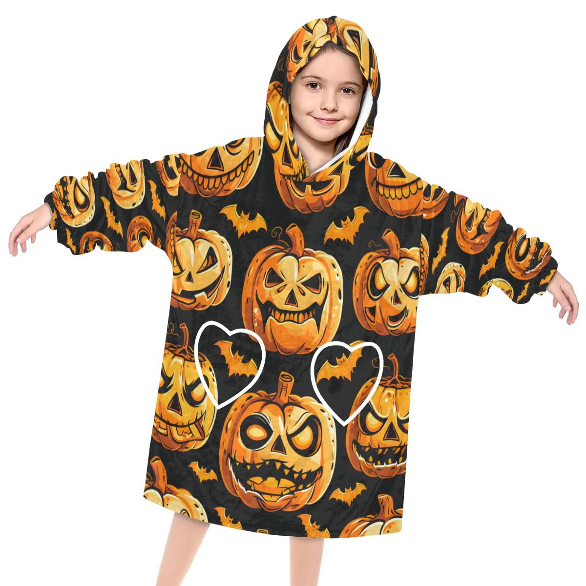 Wearable Blanket Hoodie for Kids, Halloween Fleece Sweatshirt Blanket Pumpkins Oversized Blanket Sweatshirt with Pocket Flannel Warm Hooded Blanket 6-10 Year Old Girl Boy Gift, One Size