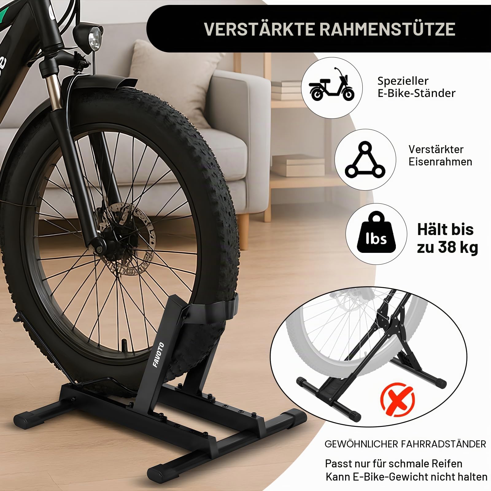 Favoto E-Bike Fahrradständer Rennrad Fahrradhalter – Stabiler Bodenständer für Elektrofahrräder & Fahrräder 20–29 Zoll Max. 38 kg rutschfest & Platzsparend