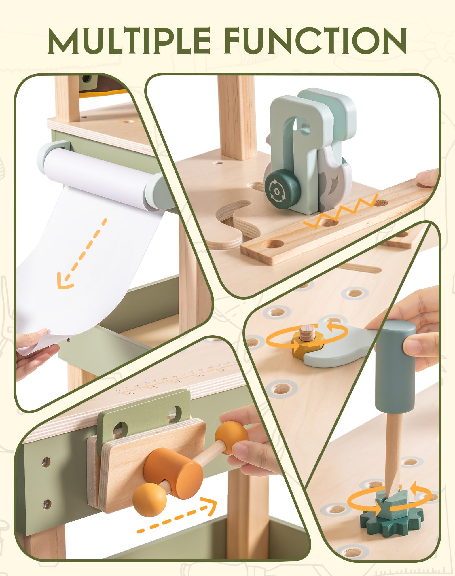 ROBUD Holz Werkbank Kinder, Spielzeug Werkzeugbank mit Werkzeuggürtel, Kinder Werkzeug Set, Schutzbrille, Zeichenpapier für Rollenspiel Konstruktion, Jungen Mädchen Spielzeug ab 3-5-6-8 Jahre Geschenk