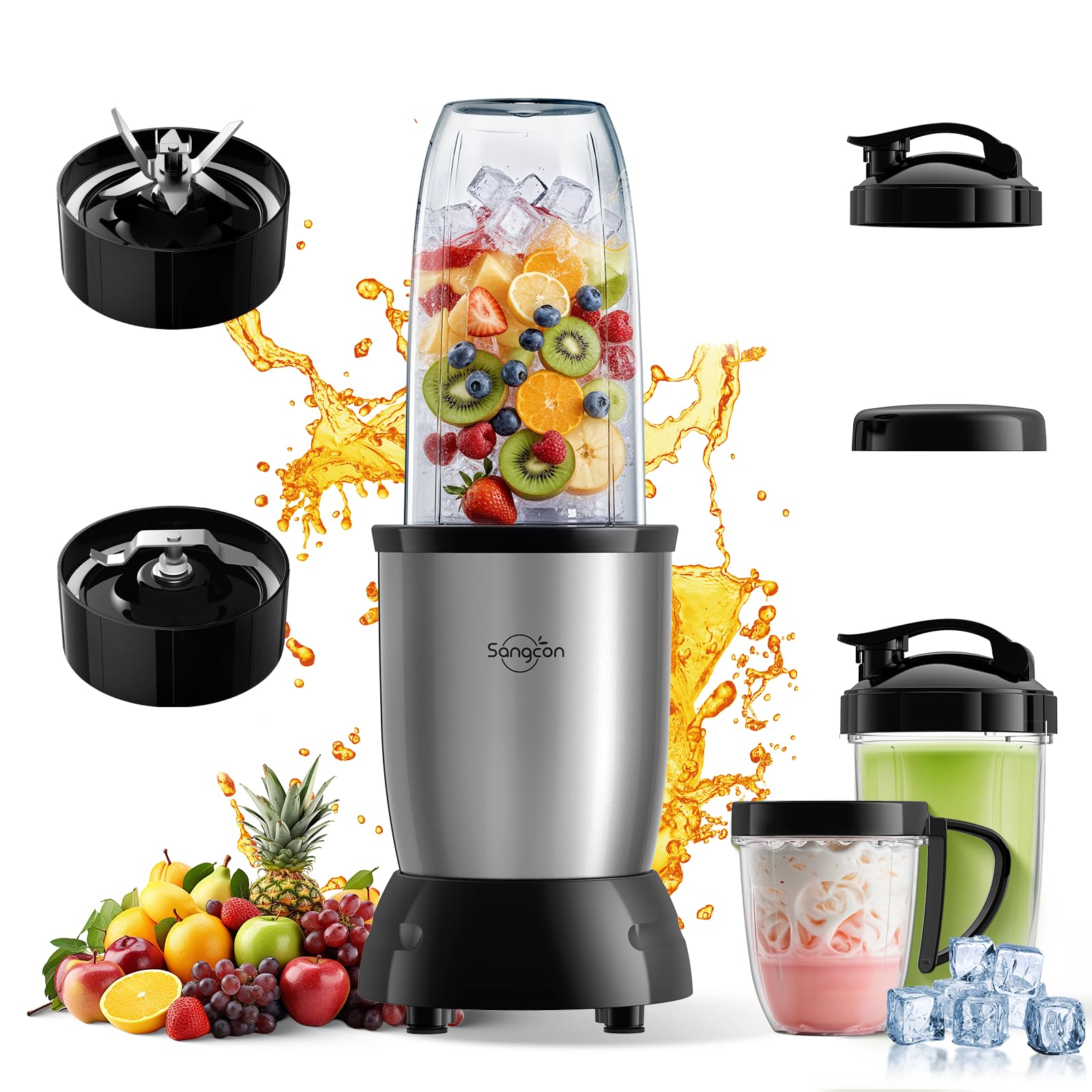 Sangcon 1000w Smoothie Blender for Kitchen, Blender for Smoothies, with 24oz/19oz/10oz Bpa-Free Cups – Upgraded Portable Personal Blenders for Shakes, Frozen fruit, Baby Food, Spice Grinding &amp; More