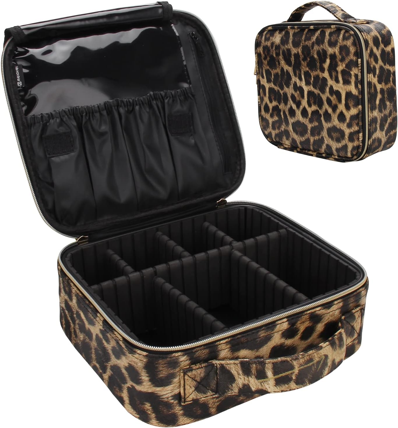Relavel Travel Makeup Train Case Makeup Cosmetic Case Organizer Portable Artist Storage Bag with Adjustable Dividers for Cosmetics Makeup Brushes Toiletry Jewelry Digital Accessories (Leopard)