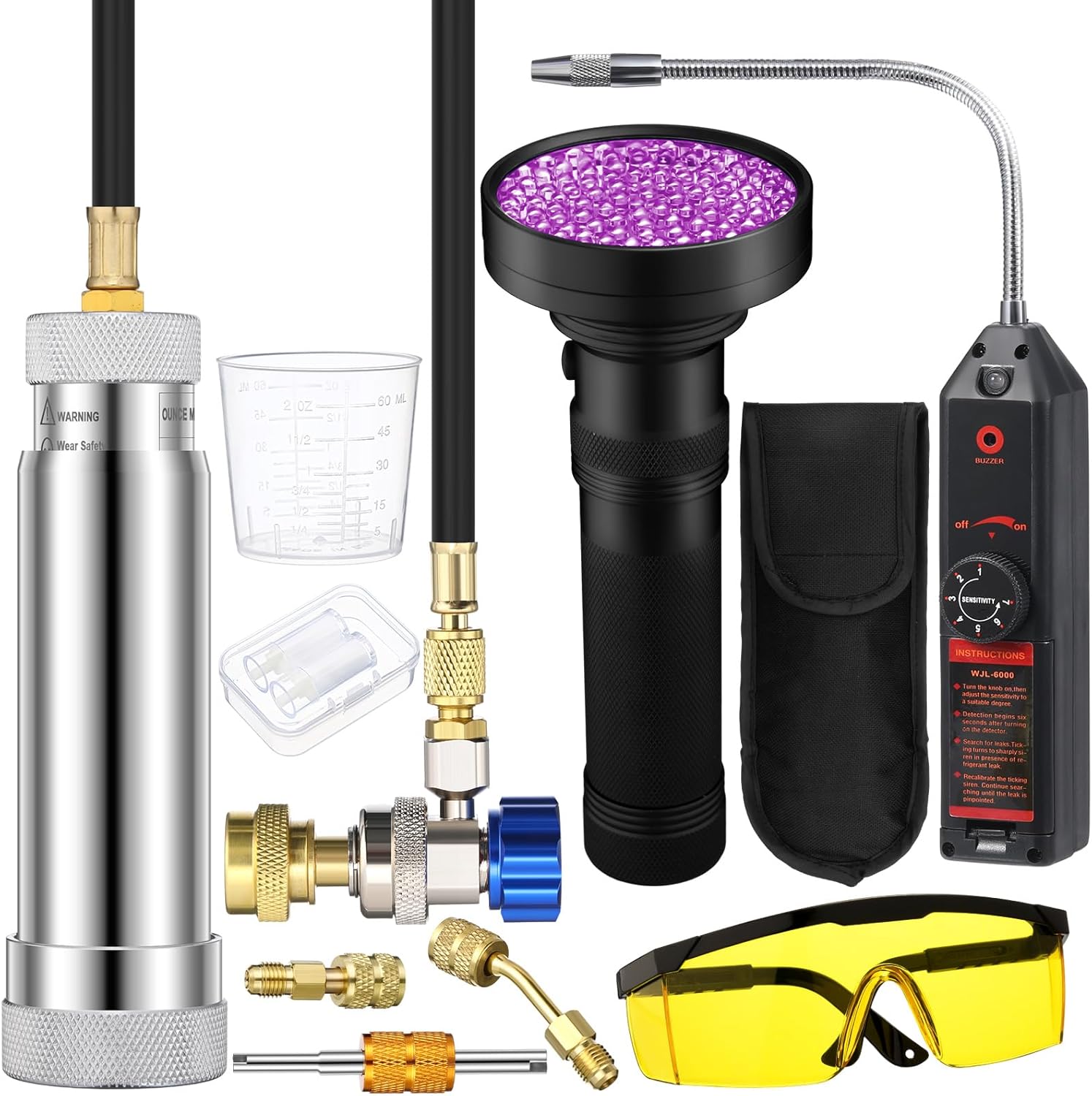 AC Leak Detector Kit, R1234yf R134a R410a AC Oil UV Dye Injector Kit Refrigerant Leak Detector Tool Low Side Quick Coupler Mini Split Adapter Glasses Flashlight(Practical)