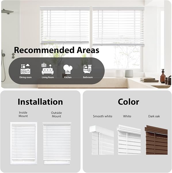 DEZ FURNISHINGS Cordless 2" Faux Wood Blind, 32" W x 48" H, White - 5