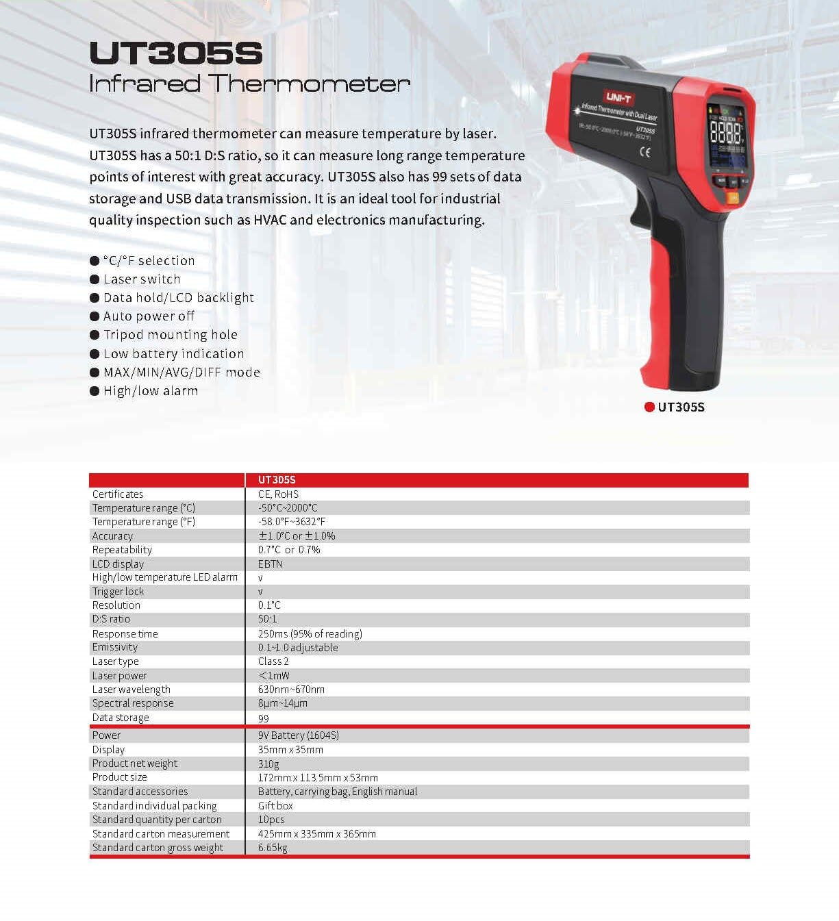 UNI-T Termometro industriale Uni di tendenza UT305S Termometro a infrarossi senza contatto -50°C ~ 2000 C Misuratore di temperatura digitale EBTN termometro ad alta temperatura (UT305S)