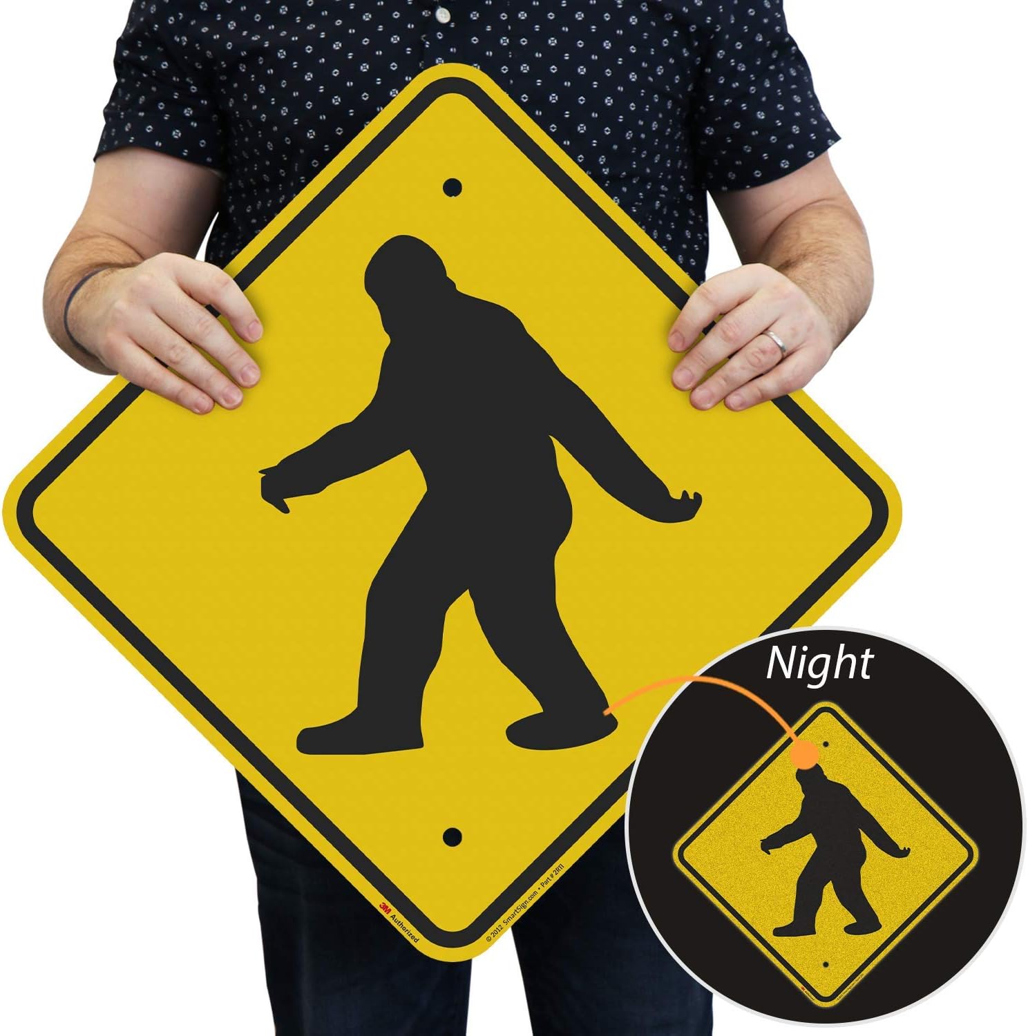 SmartSign - K-9506-SAS-AL-12x12 "Sasquatch Big Foot Crossing" Sign | 12" x 12" Aluminum Black on Yellow