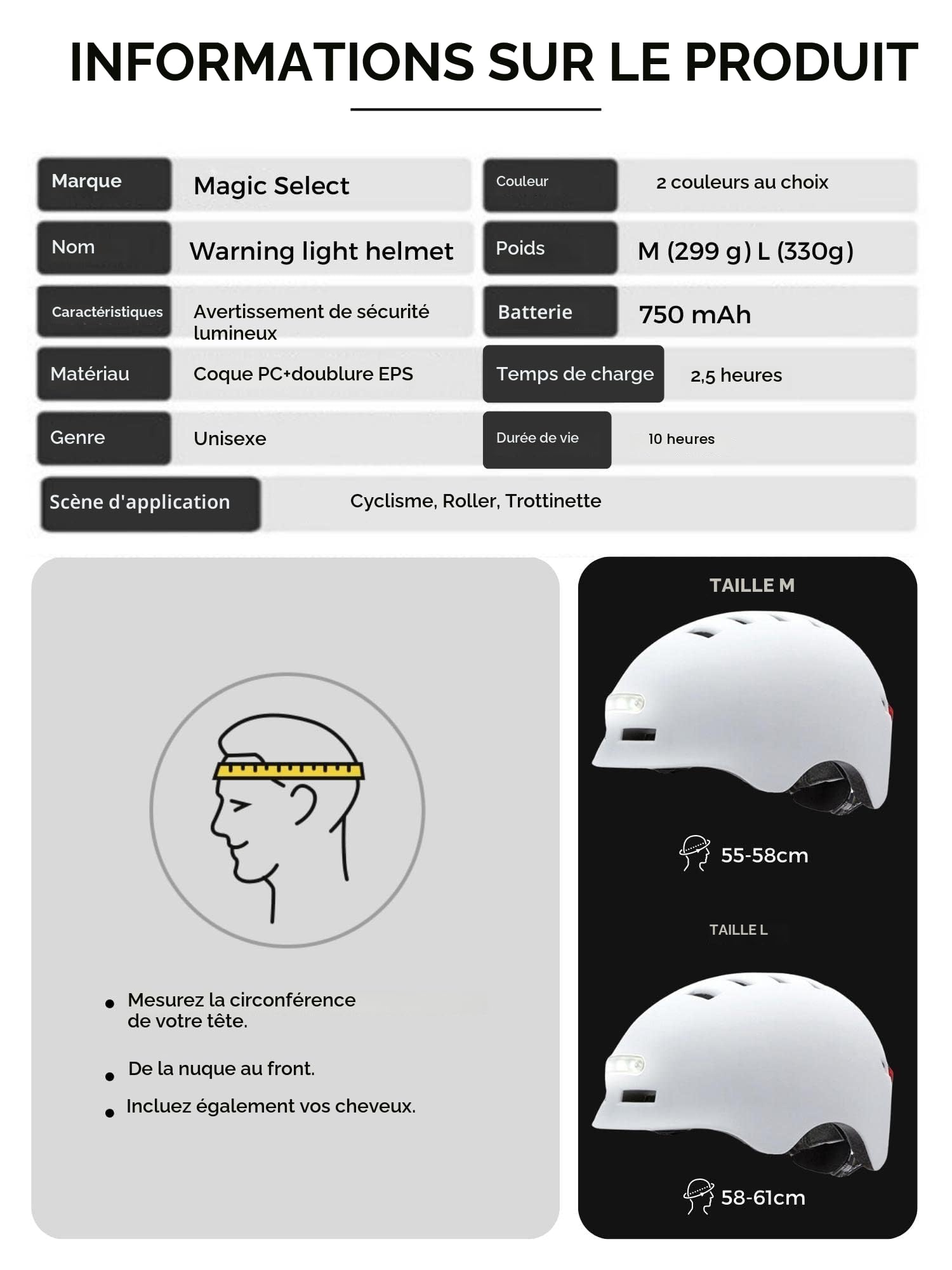 Casque de Vélo ou Scooter Électrique avec Voyant Rouge + feu Avant Blanc Casque VTT, Planche à roulettes, Patins Léger avec Doublure Amovible, Coque PC + EPS, 14 évents et Câble de Chargement USB