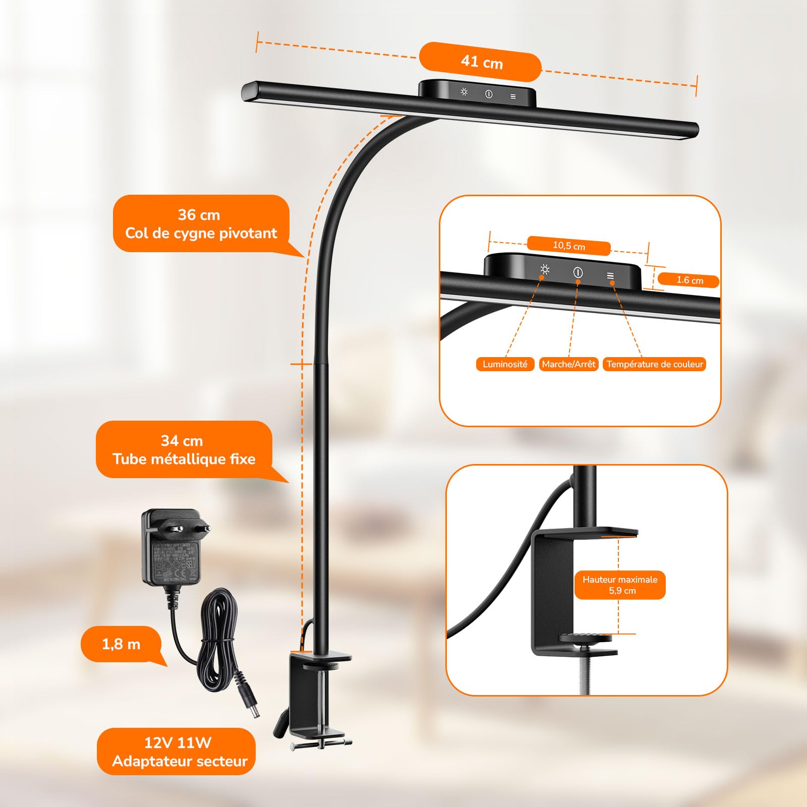 Lepro Lampe de Bureau, Flexible et Réglable Confortable pour les Yeux Gain de Place Large Plage d'éclairage 11W Lampe Bureau Pince, 5 Modes de Couleur et 5 Luminosité, Noir