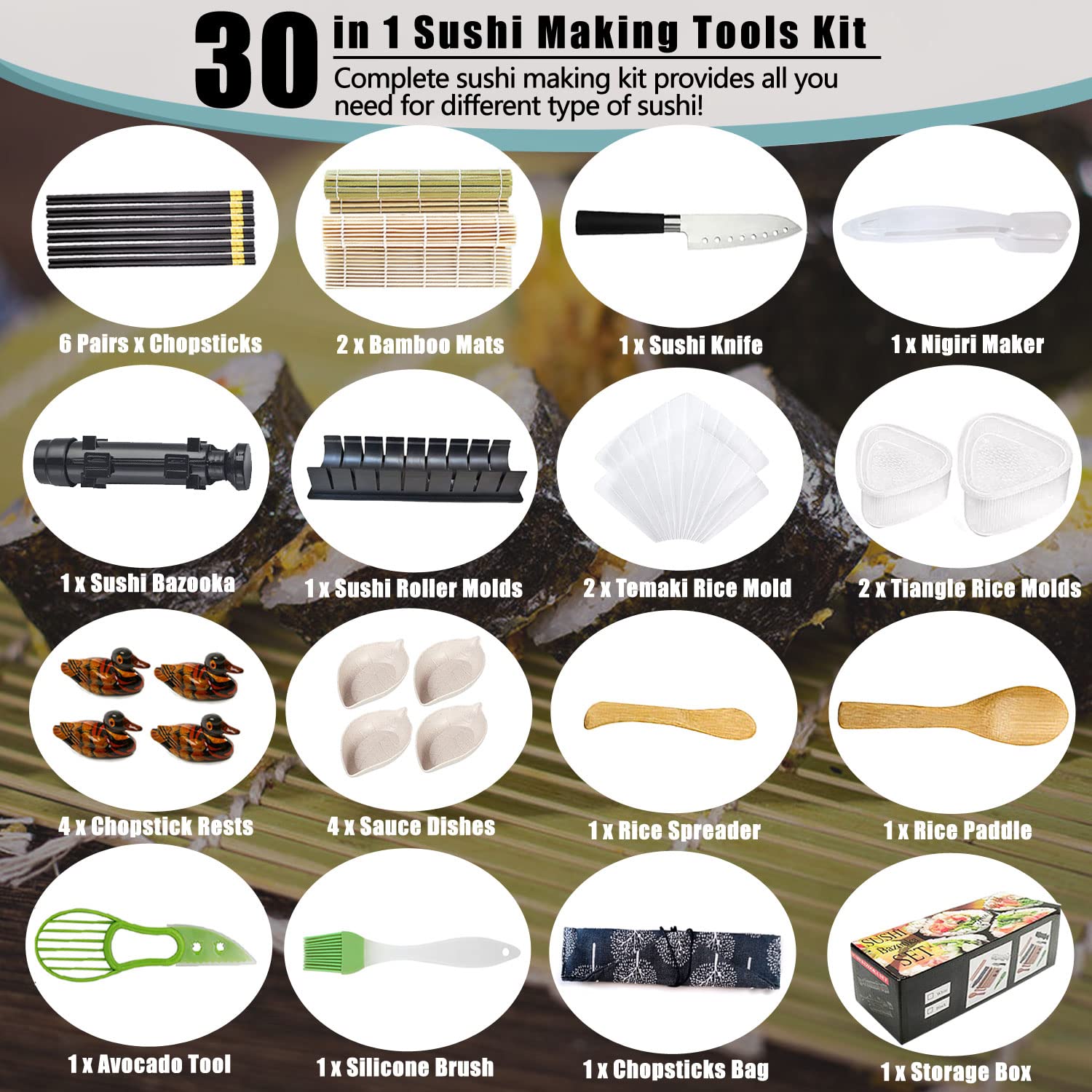 Komplettes Sushi-Herstellungs-Set für Begginer, 30-in-1 Sushi-Maker-Set, Sushi-Form, mit Kochmesser, Bambus-Sushi-Rollen, Sushi-Reisform, Temaki-Sushi-Matten und mehr