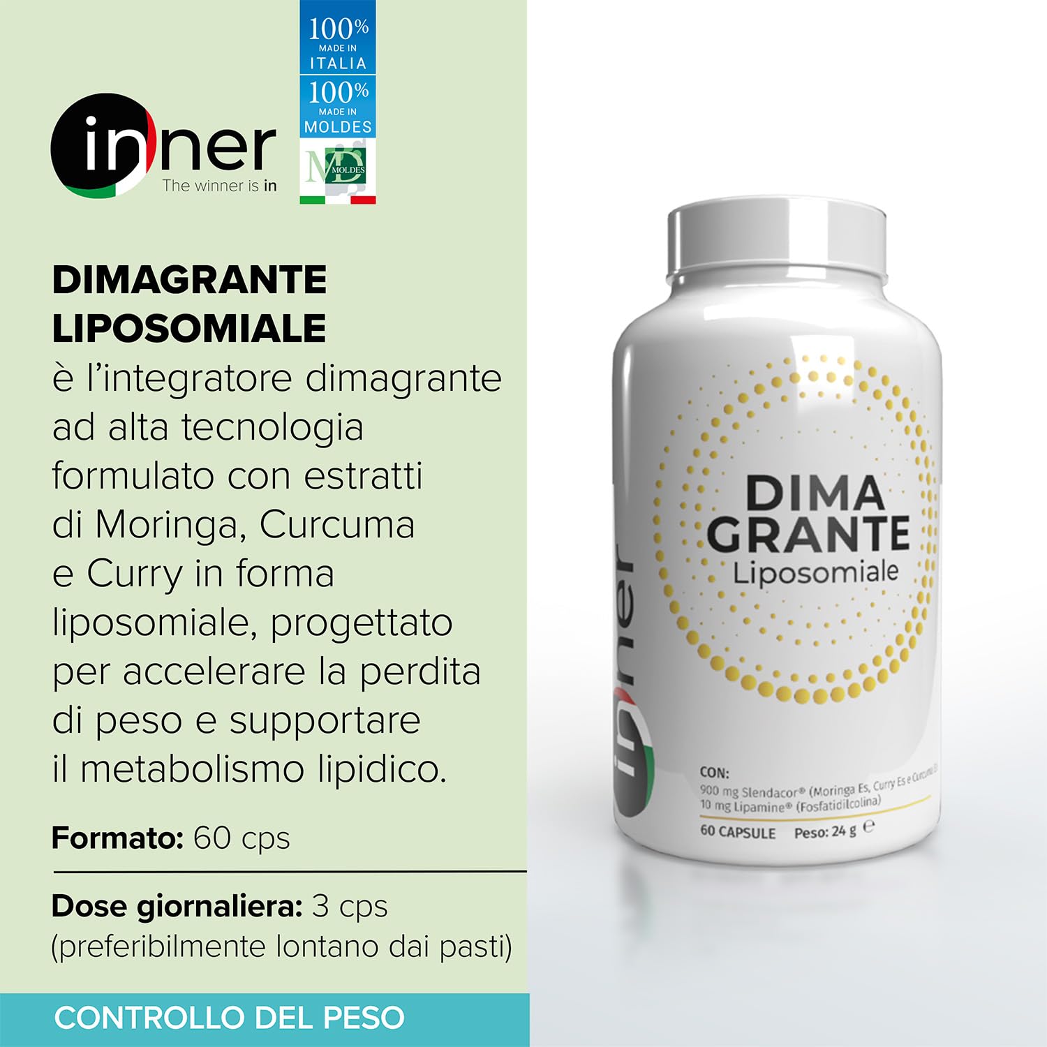 Inner Dimagrante Liposomiale – 60 capsule – Integratore con Moringa Curcuma e Curry (Slendacor®) ad Elevata Biodisponibilità – Supporto Peso e Metabolismo