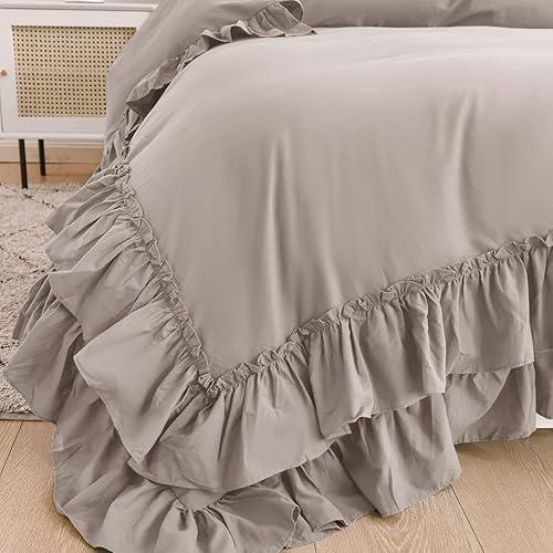 Miniatura 3 de QSH Juego de funda de edredón de algodón lavado de color gris claro, con volantes, tamaño Queen, estilo rústico francés, estilo rústico francés, muy