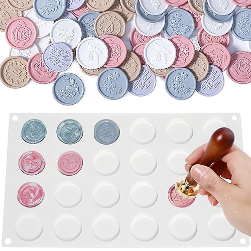 Actvty - Tapete de silicona para sello de cera almohadilla de sellado de cera redonda de 24 cavidades con 60 piezas de puntos adhesivos extraíbles