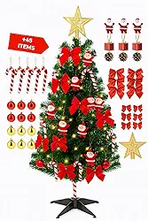 Árvore de Natal Pequena Decorada 60cm com 45 Enfeites + Pisca Pisca LED | Kit Completo Natalino com Bolas, Laços, Estrela | Árvore de Natal Mesa Compacta