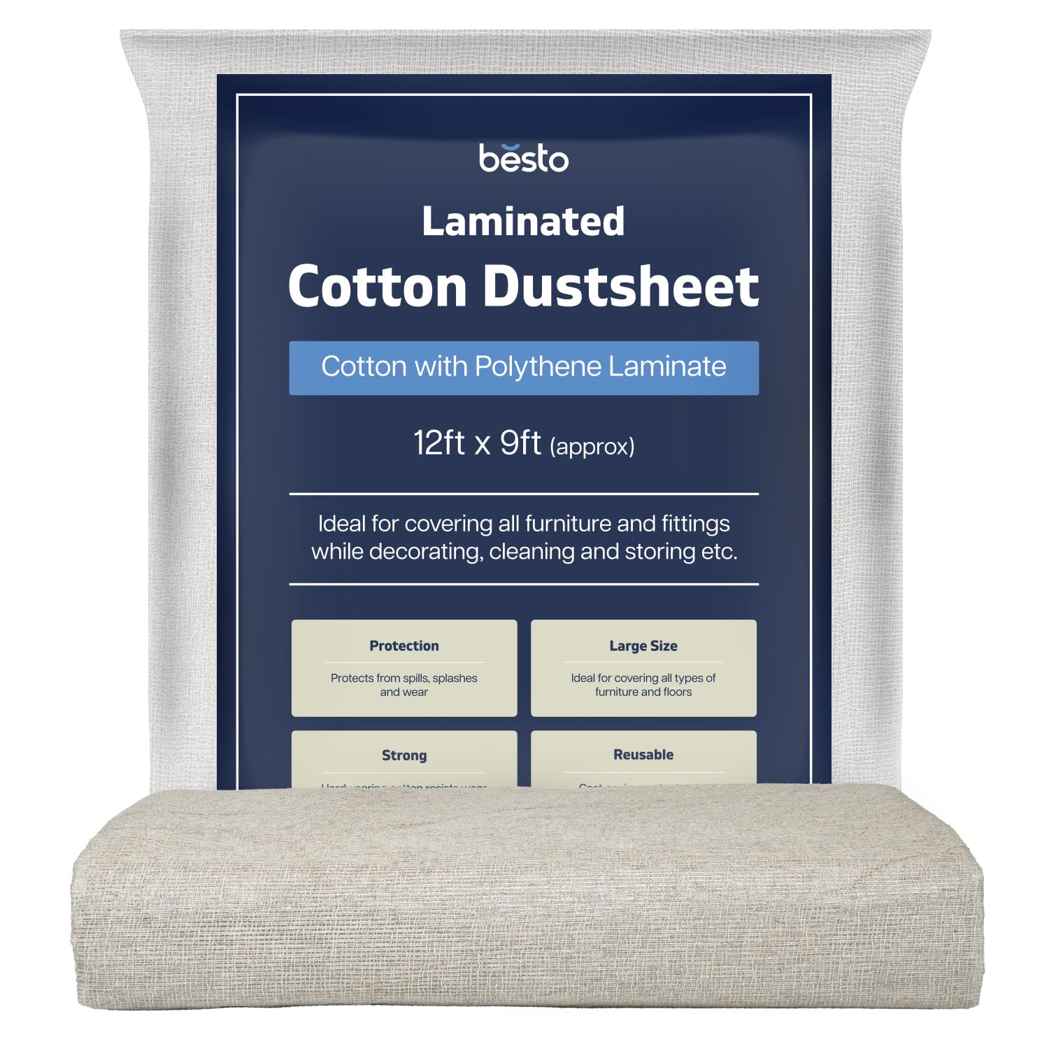Besto Laminated Dust Sheet Cotton Dust Sheets For Decorating, Waterproof 12Ft X 9Ft Dust Sheets Twill Laminated Polythene Backed Reusable Paint Sheets For Floor, Staircase