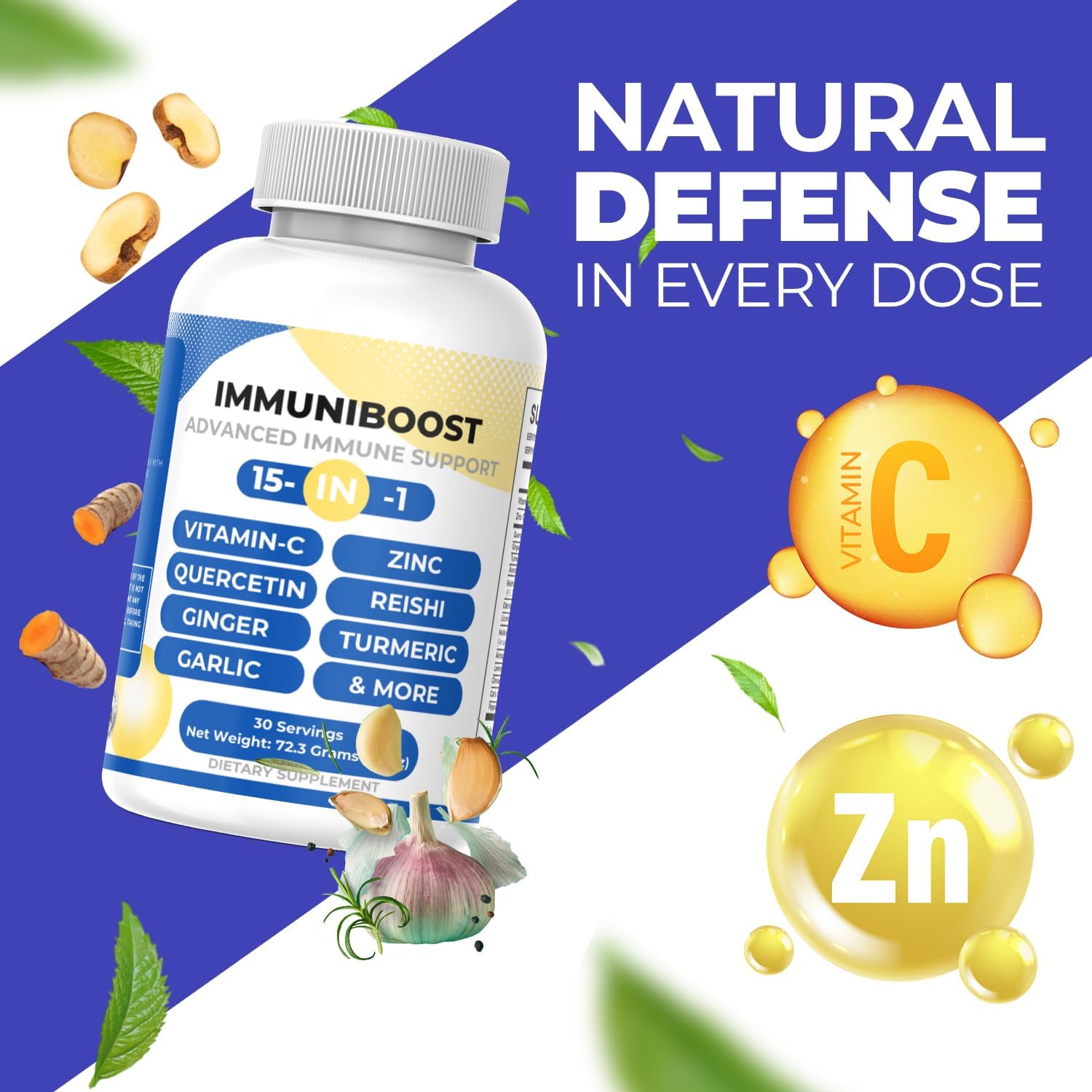 15 in 1 Immune Support Supplement 120 Capsules with Powerful Blend of Turmeric, Ginger, Vitamin C and Zinc Immune Booster for Adults - Image 2