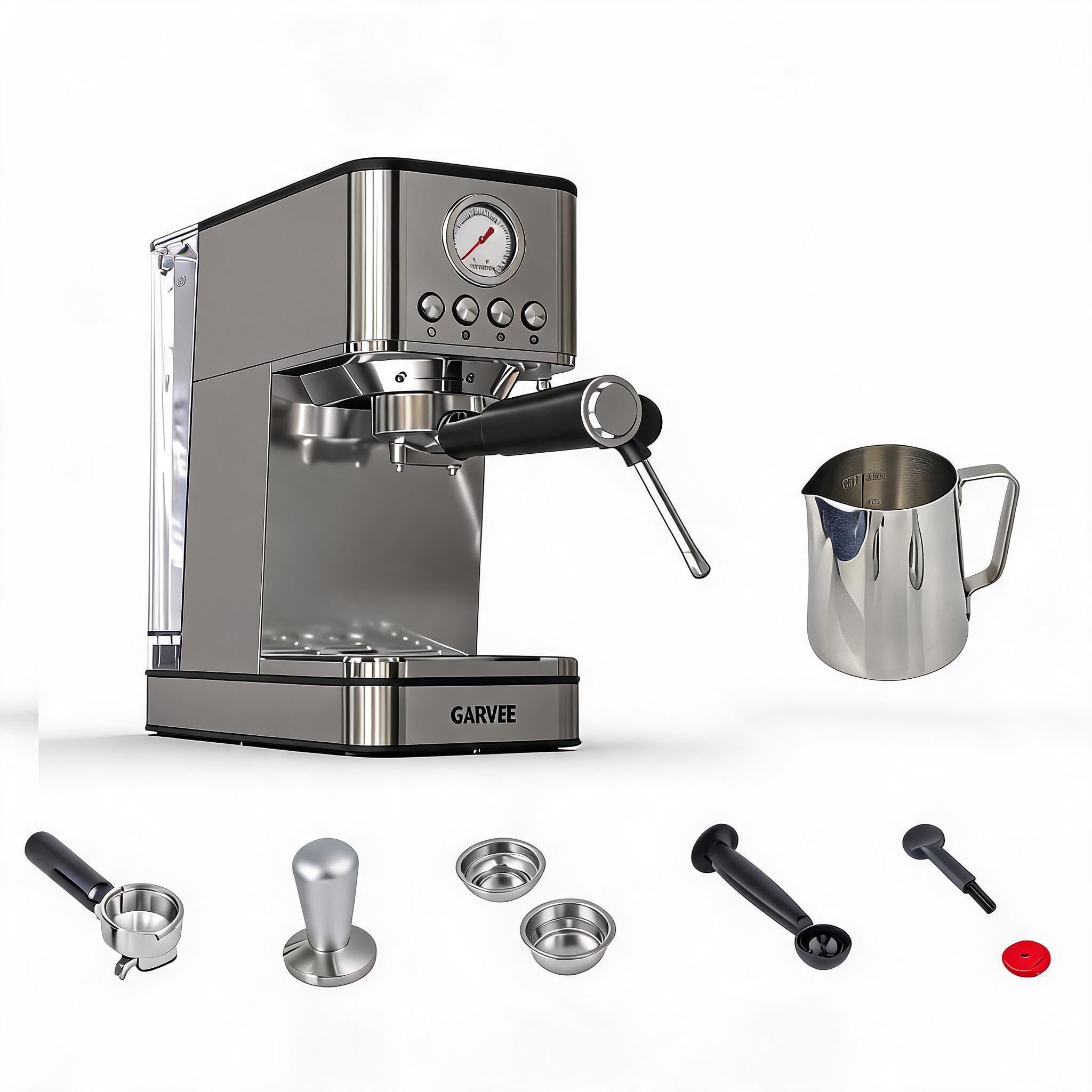 Acekool Cafetera Semiautomática 20 Bares Acero Inoxidable Diseño Europeo | Termobloque rápido, depósito 1,7L y vaporizador 360 grados.
