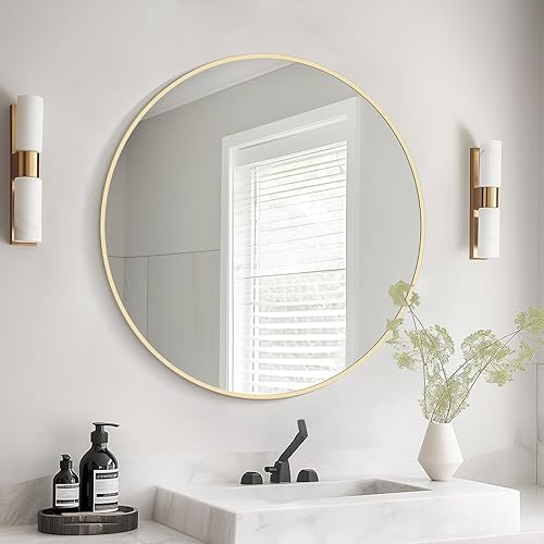 Miniatura 145 de HOMECOOKIN Espejo de pared redondo de 32 pulgadas, espejo circular dorado para baño con marco de metal, espejo dorado redondo para decoración
