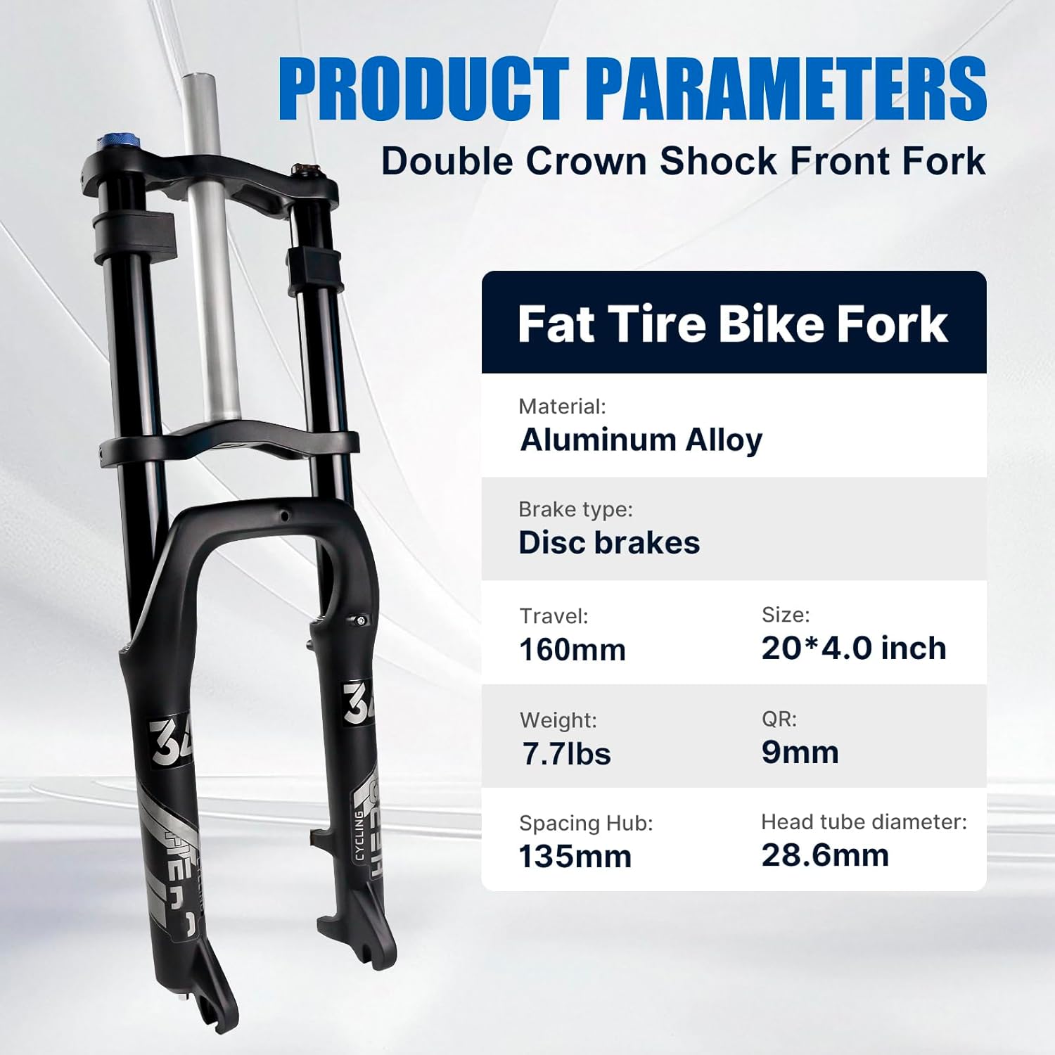20 * 4.0 Inch Fat Tire Oil Spring Suspension Fork, 160mm Travel, 1-1/8" Straight Steerer 28.6mm, 135mm Hub Spacing, 9×135mm QR Axle, 74mm Disc Brake Compatible, Front Fork for Fat Snow Beach Ebikes