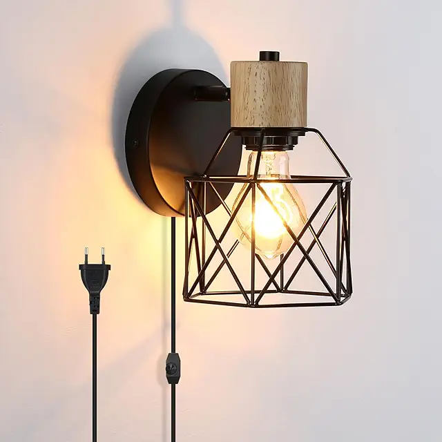 Applique Murale Intérieure Vintage avec Prise et Interrupteur Dimmable - Lampe Cage Industrielle E27