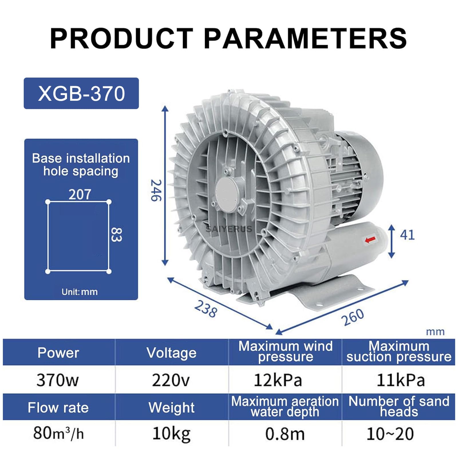 Bomba de Aire Comercial, Soplador de Aire para Acuicultura Hidropónica de Acuarios, Bomba de Aire para Estanque de Pecera, Bomba de Aire para Estanque, Bomba de Aire para Pecera,370W/0.5HP