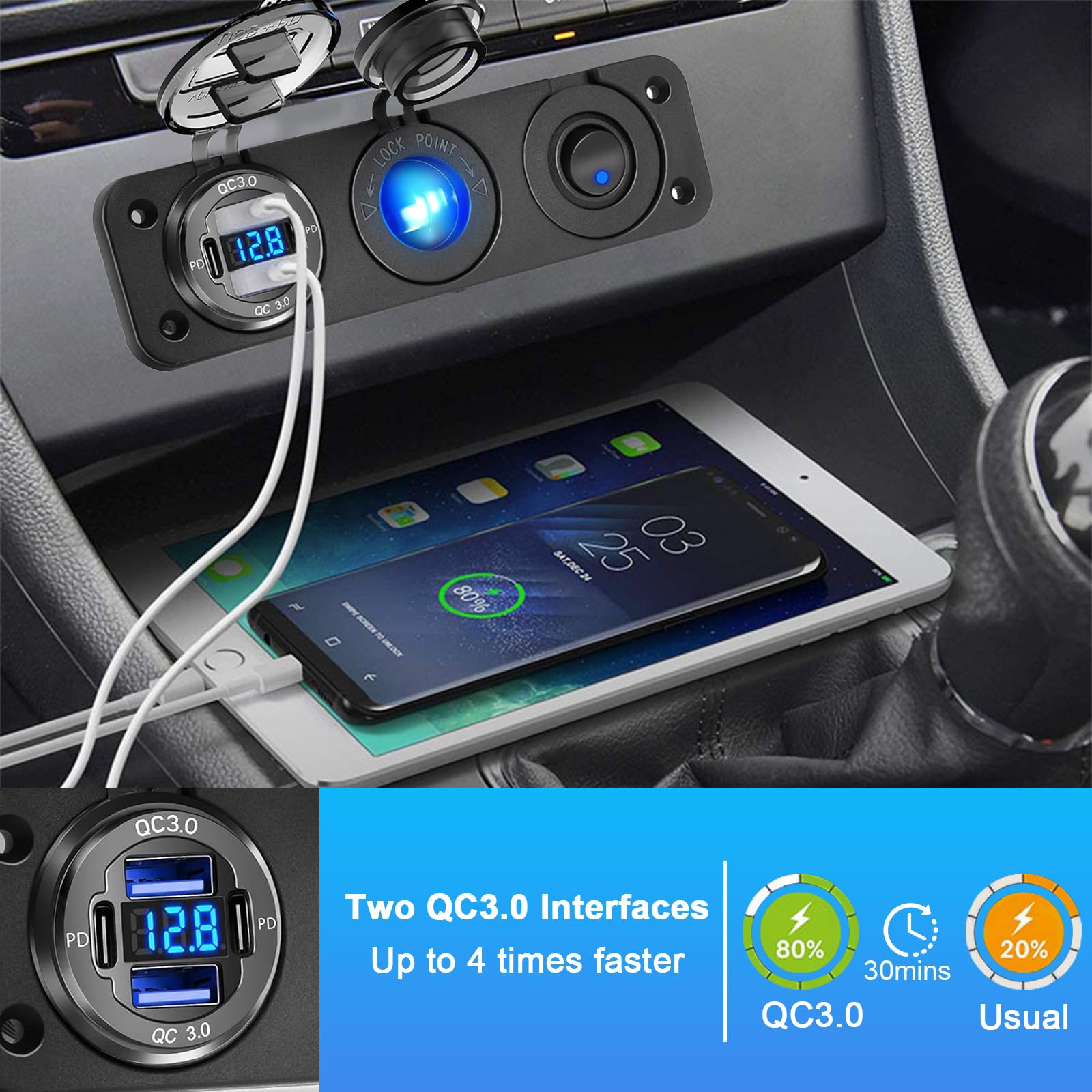 Presa USB per Auto Presa Accendisigari 12v Caricatore USB QC3.0 e pd con Voltmetro LED e Interruttore Llevetta Indipendente per Veicoli Auto Barca Camion Caravan