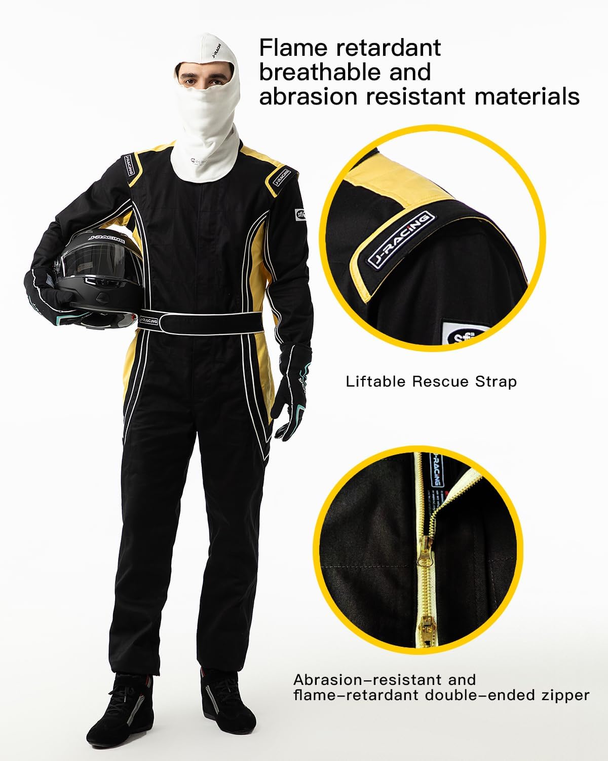 J-RACING® Racing Suit Karting Suit/Race/Rally Go Kart Auto Racing Fire SFI 3.2A/1 Black Yellow - Image 4