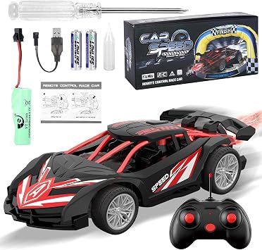 1/18 RC Car for Kids with Rechargeable Battery, LED Lights & Spray - Remote Control Car for Boys, Small RC Drift Cars for Ages 4-7 8-12Black & Red