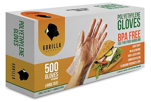 GORILA SUPPLY 500 guantes desechables premium sin BPA de polietileno PE LDPE para manipulación de alimentos en la cocina, preparación de alimentos,