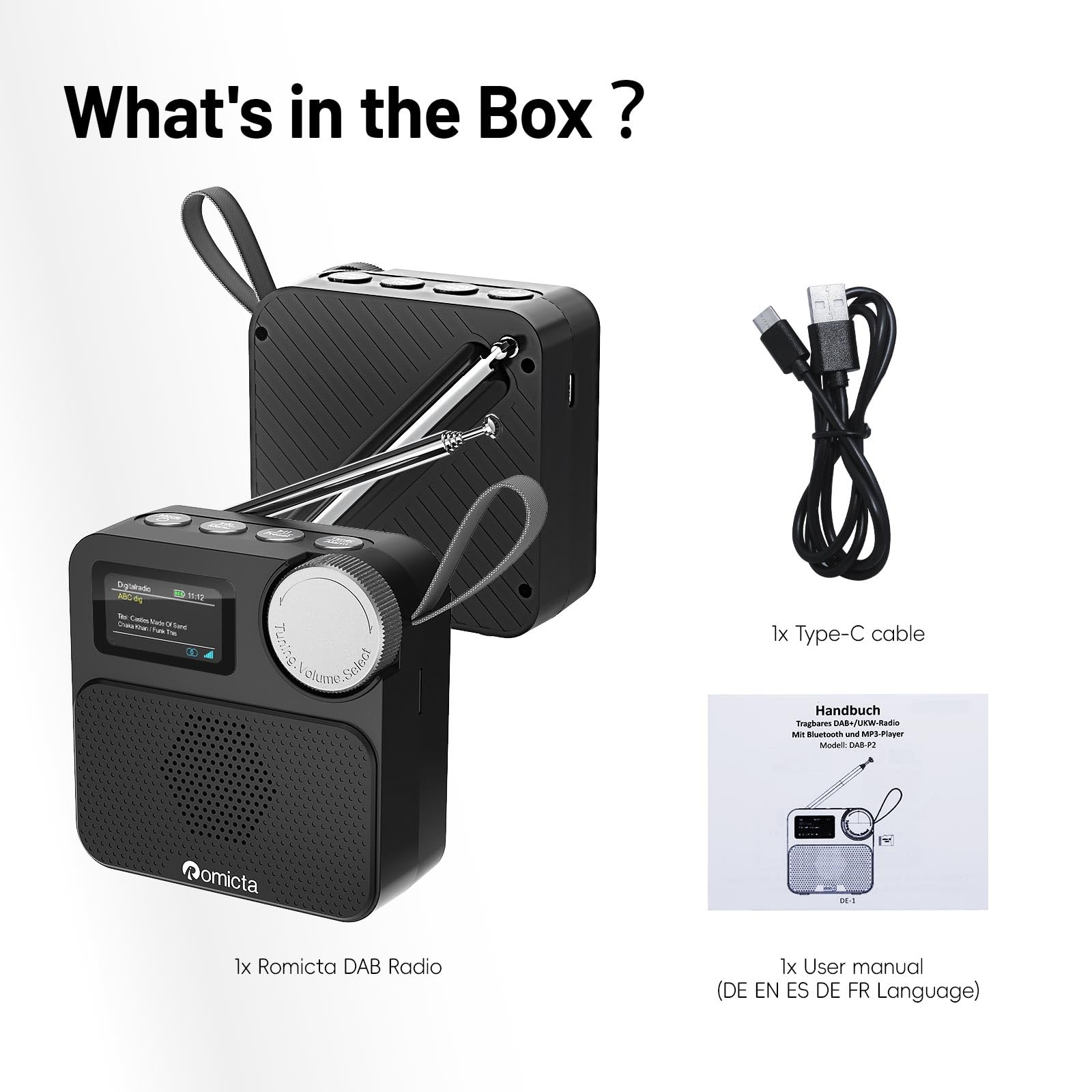 Romicta Radio DAB/DAB+ con Bluetooth 5.0, display a colori, slot per schede MicroSD, sveglia e timer, ricaricabile, ideale per casa e in viaggio