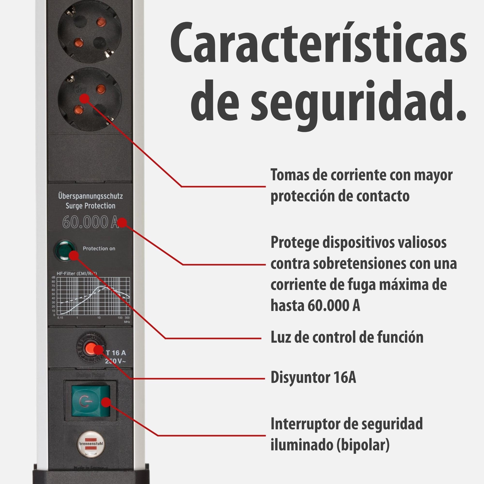 Brennenstuhl Premium-Protect-Line regleta enchufes de 6 Tomas con protección contra sobretensiones de 60.000 A (Cable de 3 m, Interruptor, protección antirayos, Fabricado en Alemania) Plateado/Negro