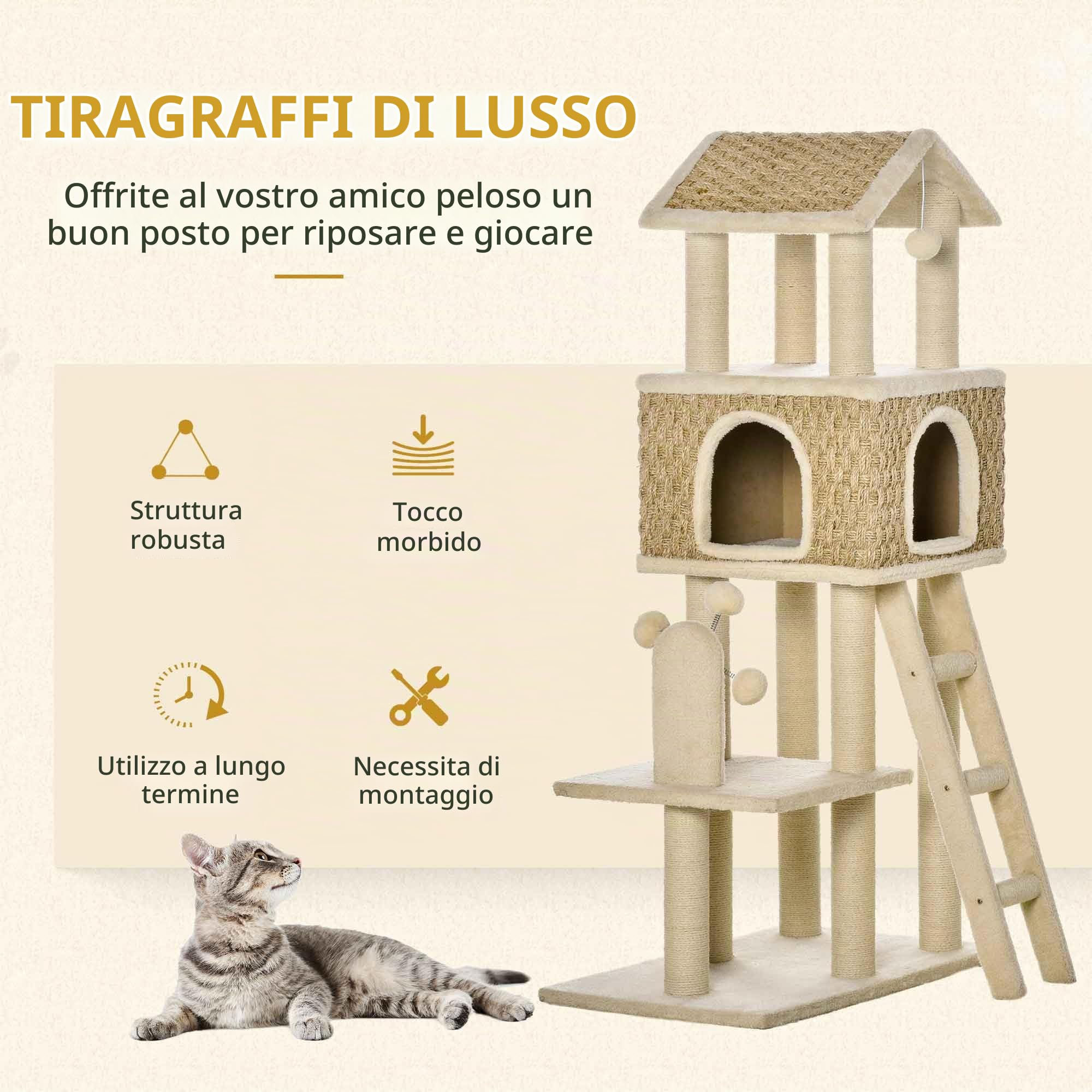 PawHut albero tiragraffi per gatti 130H cm albero da arrampicata con grotta per gatti palline gioco tronchi di iuta grande piattaforma in truciolato peluche kaki+beige
