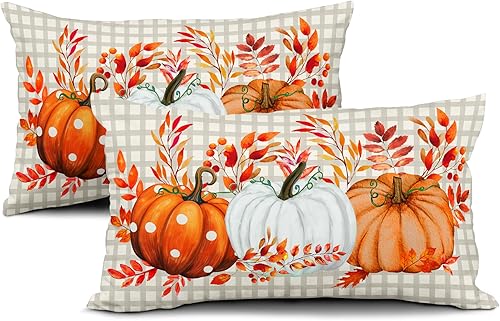 Miniatura 8 de Juego de 2 fundas de almohada de otoño de 12 x 20 pulgadas, fundas de almohada de otoño de Acción de Gracias, calabaza, búfalo, a cuadros, almohadas