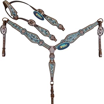 Western Headstall and Breast Collar Tack Set | Turquoise AB Rhinestones, Copper Studs on Argentina Cow Leather | Durable & Stylish Equestrian Gear