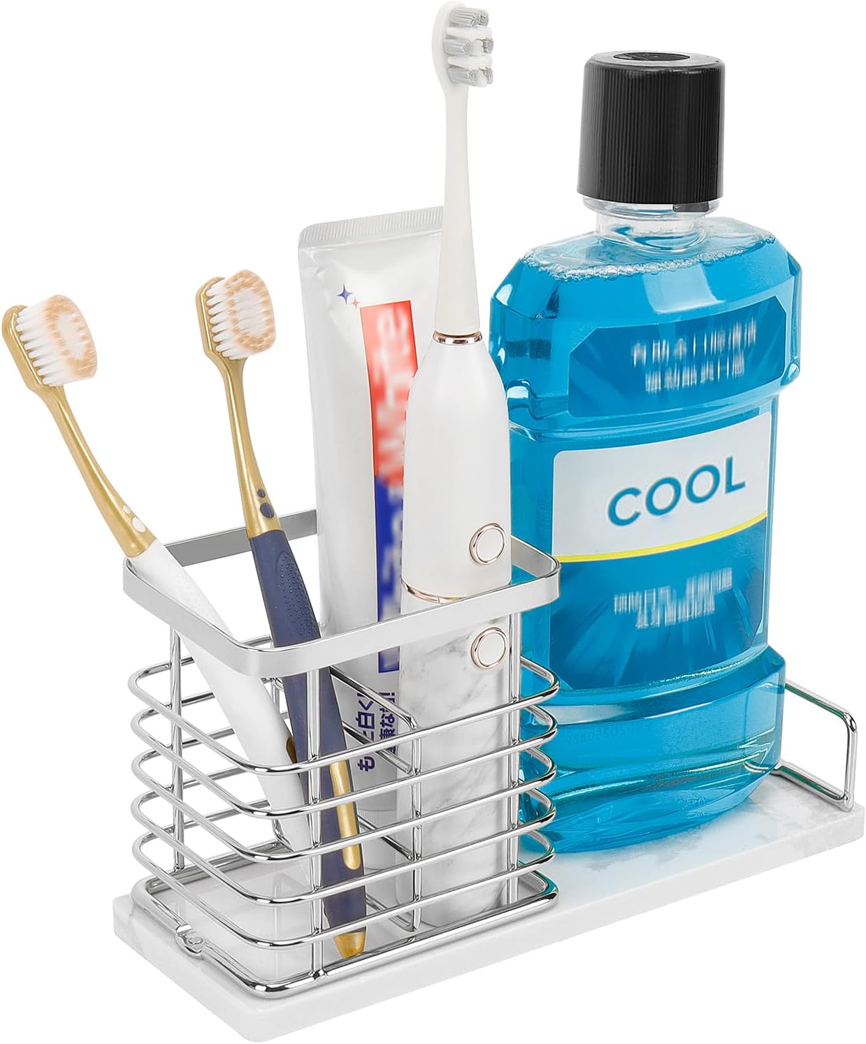 HarJue Toothbrush Holder, Luxurious Metal Toothbrush Toothpaste Holder with Marble Base for Bathroom, Multi-Slots Openwork Design, Bathroom Accessory for Storage and Organizer (Large, Chrome)