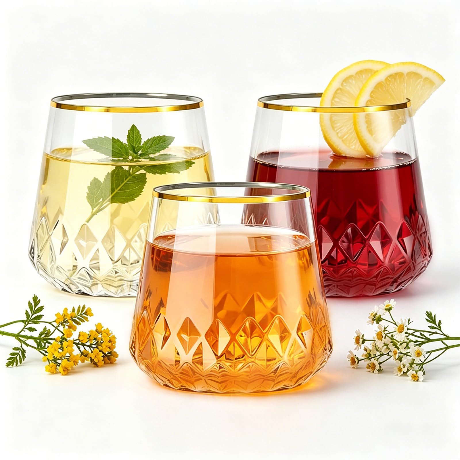 Lueumxc 40 Pack Plastic Wine Glasses, 14Oz Gold Rim Disposable Wine Glasses Unbreakable Rhombus Plastic Cocktail Glasses Recyclable Shatterproof Reusable Wine Cups