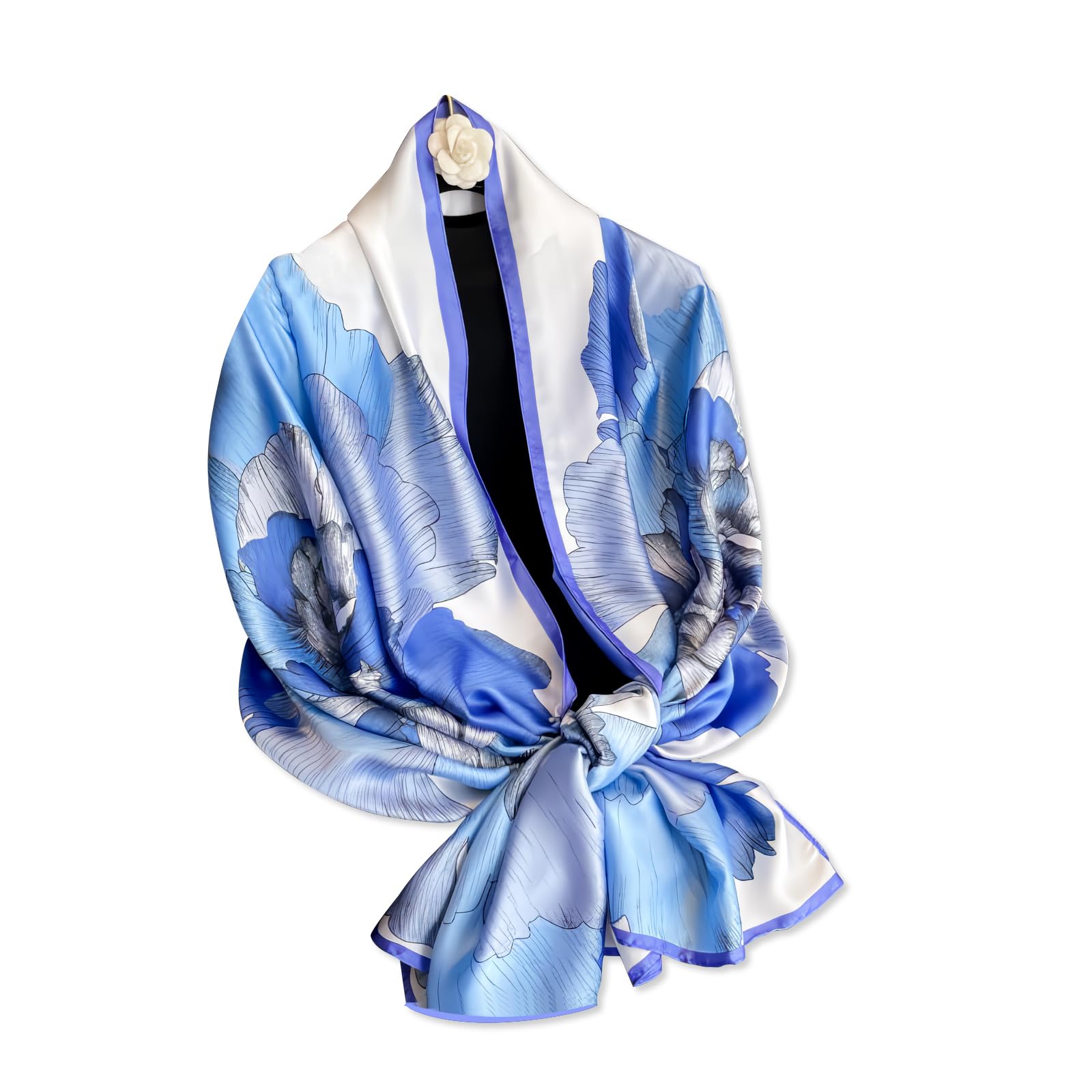 Lumisyne Women's Blue Peony Silk Scarf For Colorful Flower Printed Artistic Oil Painting Pattern Satin Long Scarves Sunscreen Shawls Lightweight Warm Stole Wrap All Season