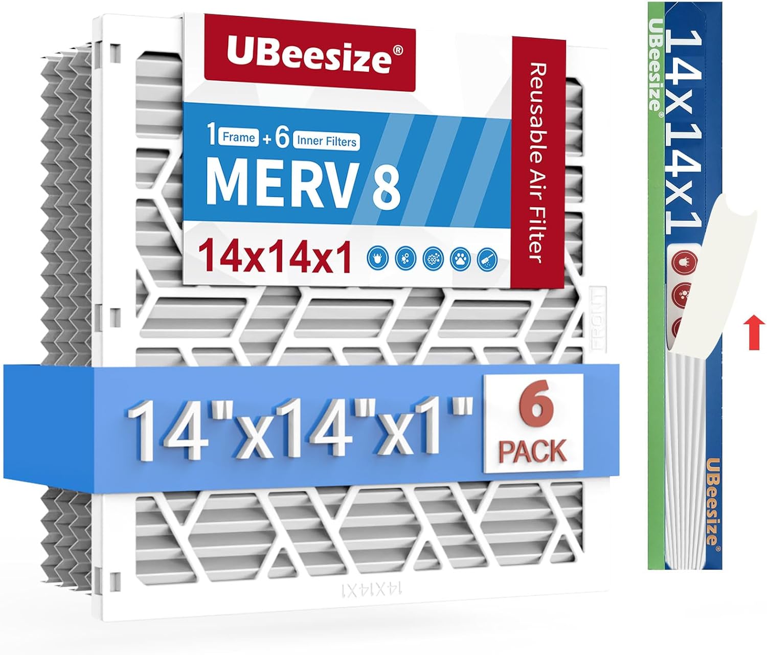 UBeesize 14x14x1 Air Filter(6-Pack),Upgrade AC/HVAC/Furnace Filter,MERV 8 MPR 700,Easy to Close/Open,1xReusable ABS Frame+6xReplaceable Filter(Actual Size: 13.54x13.54x0.87 Inch) 14x14x1 MERV 8