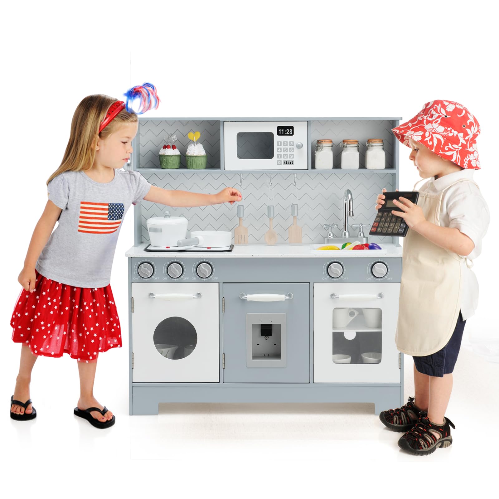 HOMASIS Kinderküche Aus Holz – Inkl. 17-teiligem Zubehör, Mit Backofen, Mikrowelle, Wasserbecken & Waschmaschine, Für Kinder Ab 3 Jahren