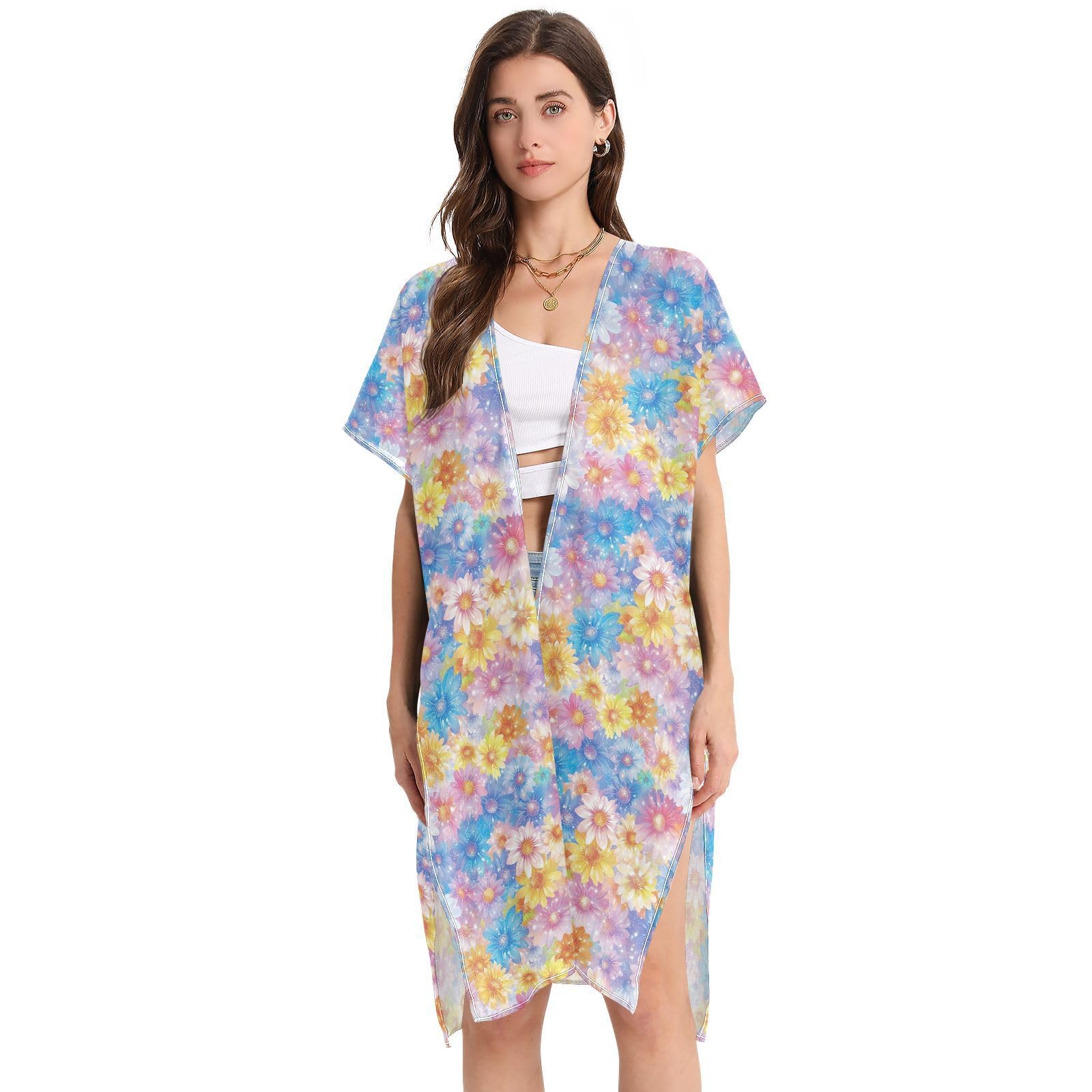 Parents Cartoon Beautiful Flowers Glitter Beach Cover Ups for Women Long Womens Swim Cover Up Beachwear Clubwear L
