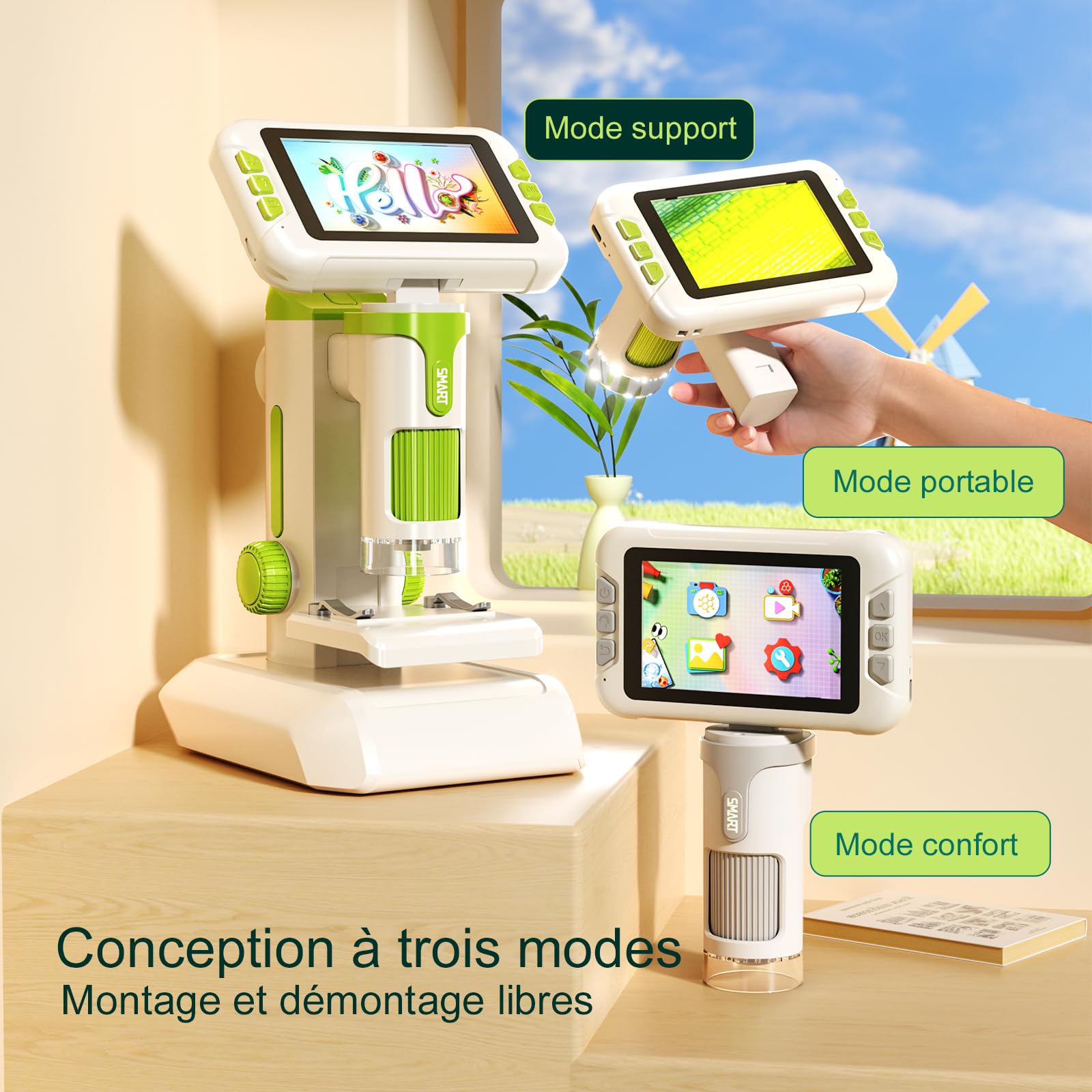 Microscope Enfant Portable 1600x Zoom, 4" Écran IPS avec Photos et Vidéos, Carte TF 32G, Rechargeable Batterie, Connexion PC directe, Kit d'Expériences Scientifiques pour Les de 6 à 12 Ans