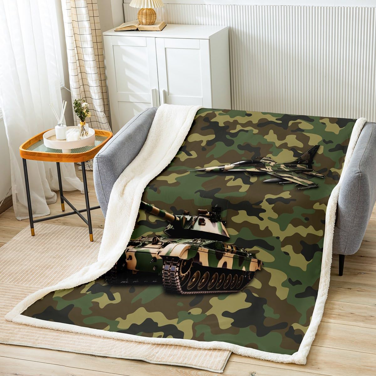 Manfei Aircraft Throw Blanket Army Camo Tank Airplane Blanket for Couch Sofa, Green Camouflage Bed Blanket for Kids Boys Teens Room Decor, Soft and Breathable Fleece Blanket(30 x 40 Inches)